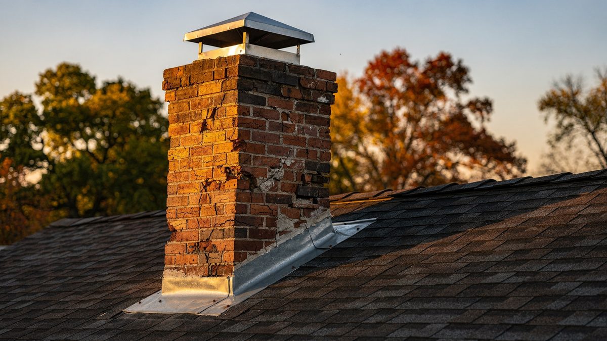 Weathered red brick chimney with a stainless rain cap, cracked mortar and aging flashing on a shingle roof